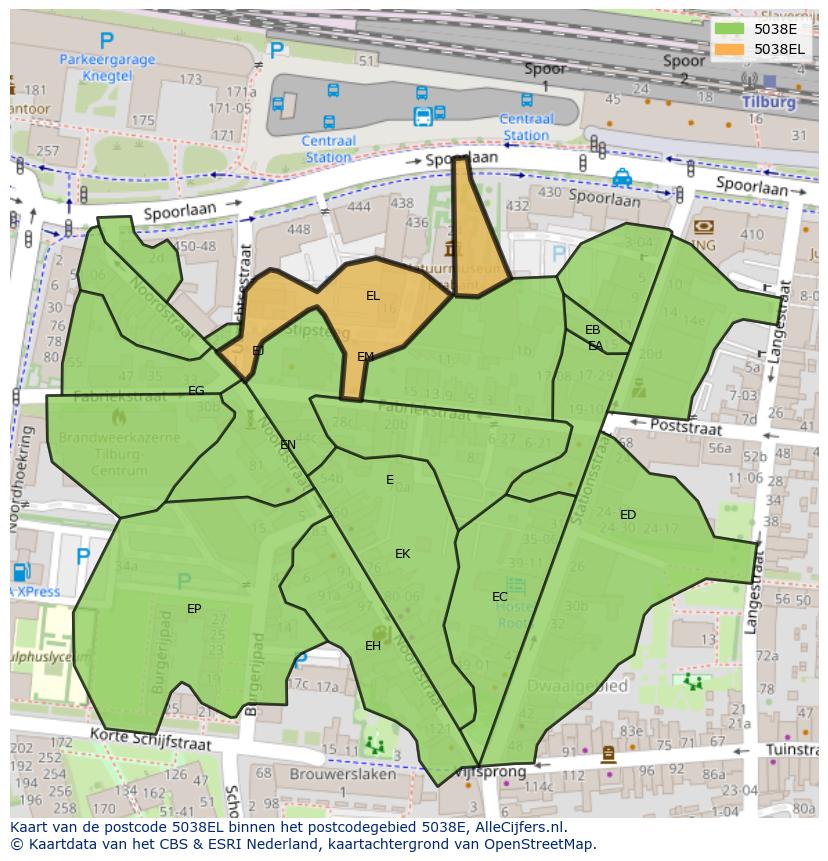 Afbeelding van het postcodegebied 5038 EL op de kaart.