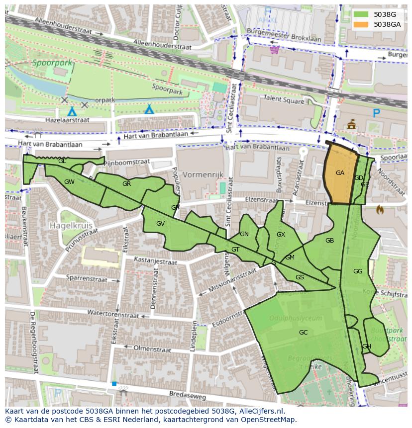Afbeelding van het postcodegebied 5038 GA op de kaart.