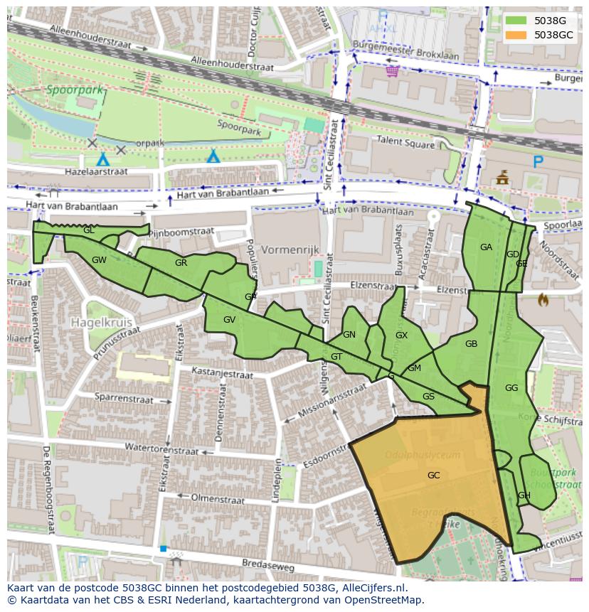 Afbeelding van het postcodegebied 5038 GC op de kaart.
