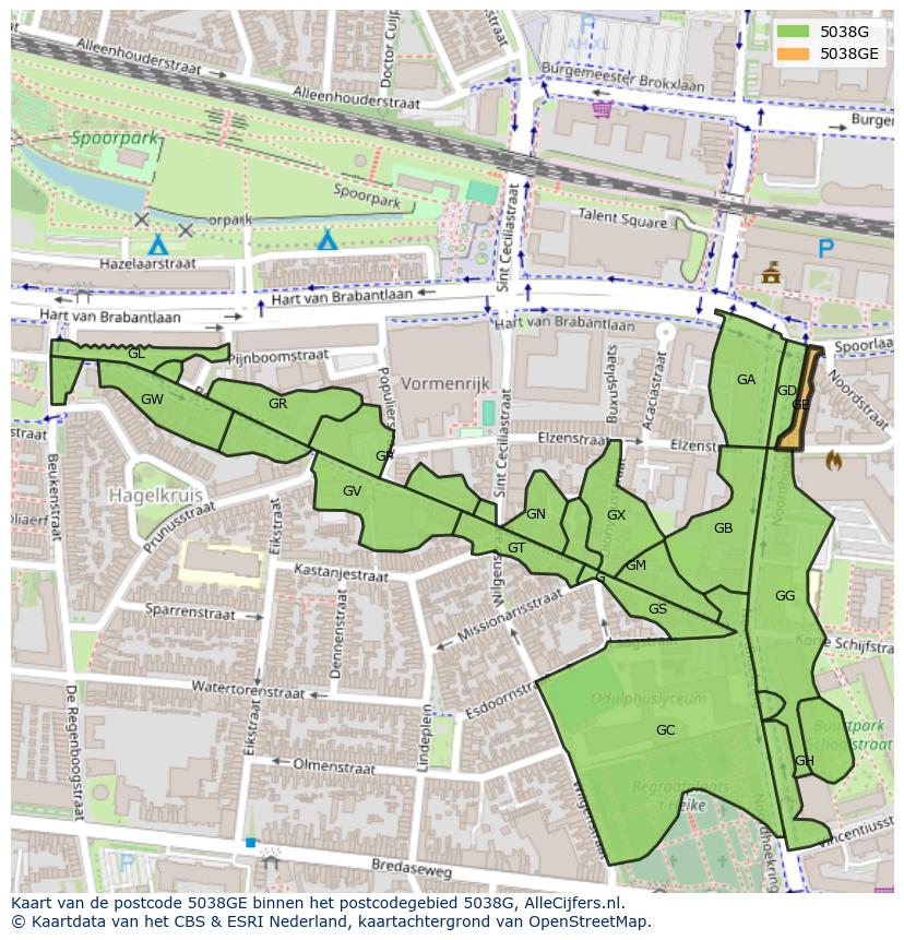 Afbeelding van het postcodegebied 5038 GE op de kaart.