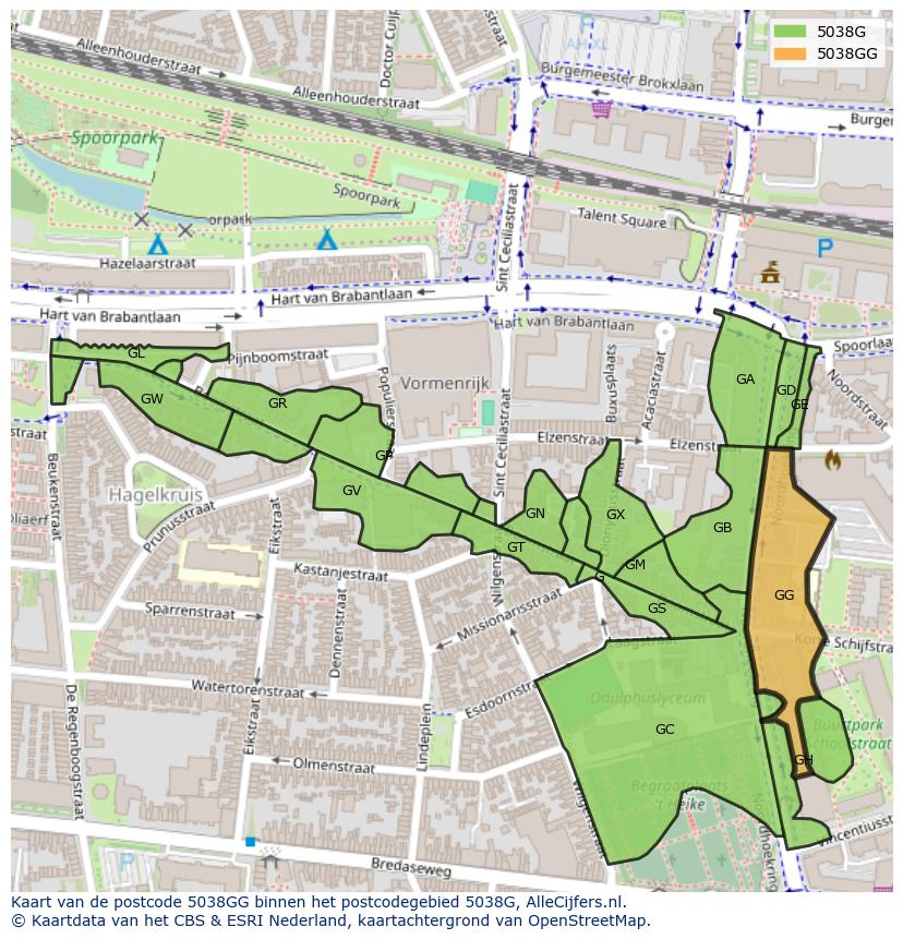 Afbeelding van het postcodegebied 5038 GG op de kaart.