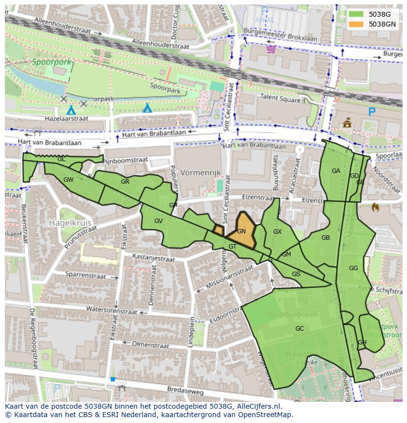 Afbeelding van het postcodegebied 5038 GN op de kaart.