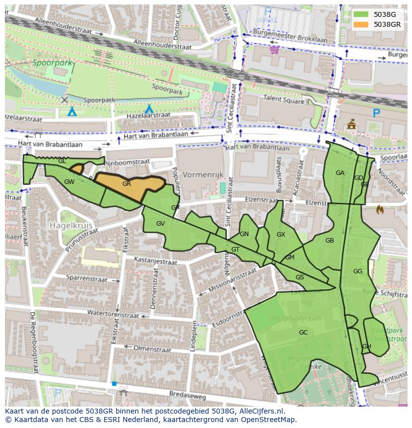 Afbeelding van het postcodegebied 5038 GR op de kaart.