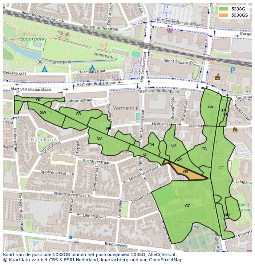 Afbeelding van het postcodegebied 5038 GS op de kaart.