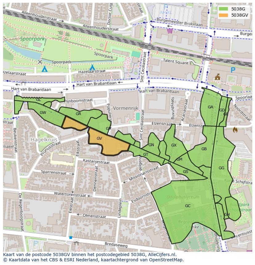 Afbeelding van het postcodegebied 5038 GV op de kaart.