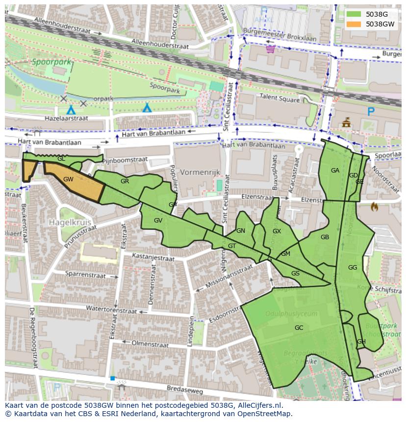 Afbeelding van het postcodegebied 5038 GW op de kaart.