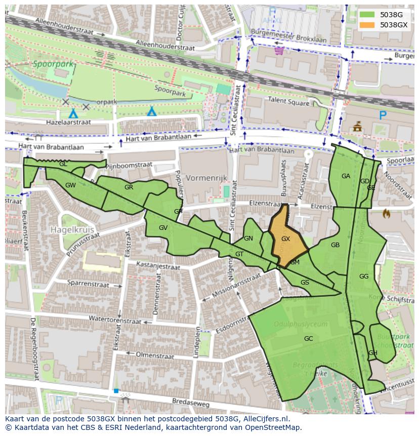 Afbeelding van het postcodegebied 5038 GX op de kaart.
