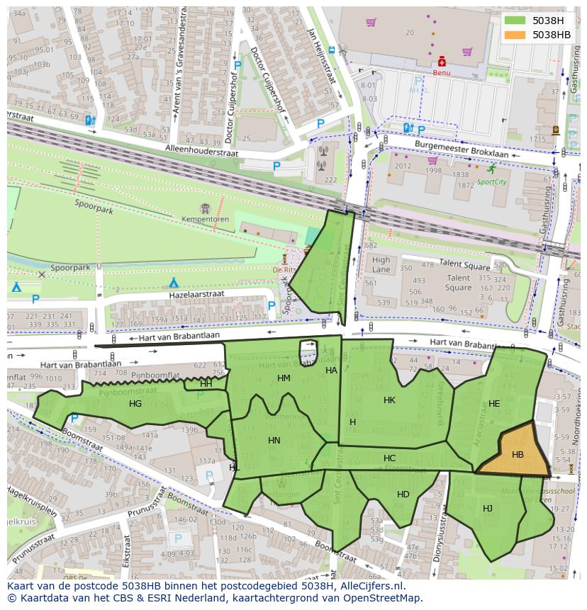Afbeelding van het postcodegebied 5038 HB op de kaart.