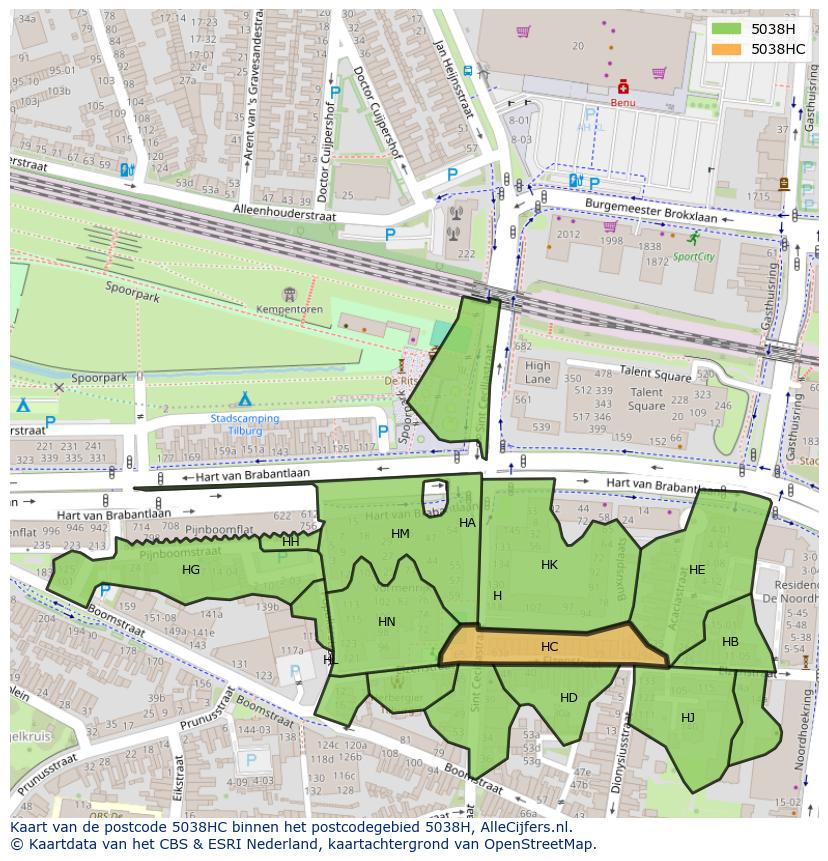 Afbeelding van het postcodegebied 5038 HC op de kaart.