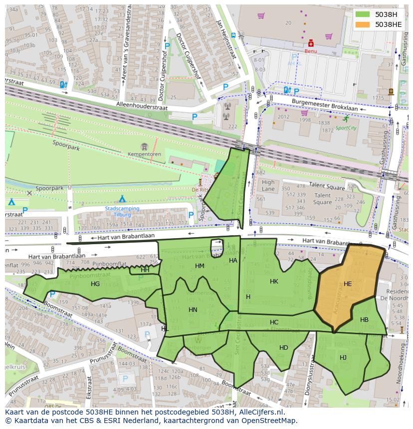 Afbeelding van het postcodegebied 5038 HE op de kaart.