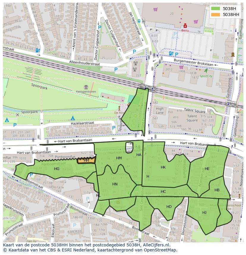 Afbeelding van het postcodegebied 5038 HH op de kaart.