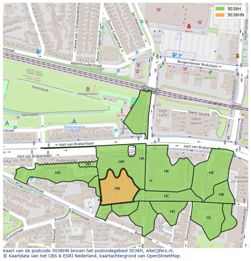 Afbeelding van het postcodegebied 5038 HN op de kaart.