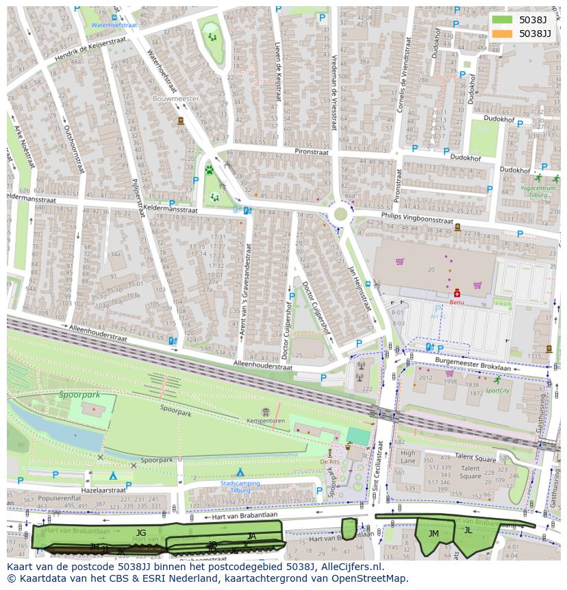 Afbeelding van het postcodegebied 5038 JJ op de kaart.