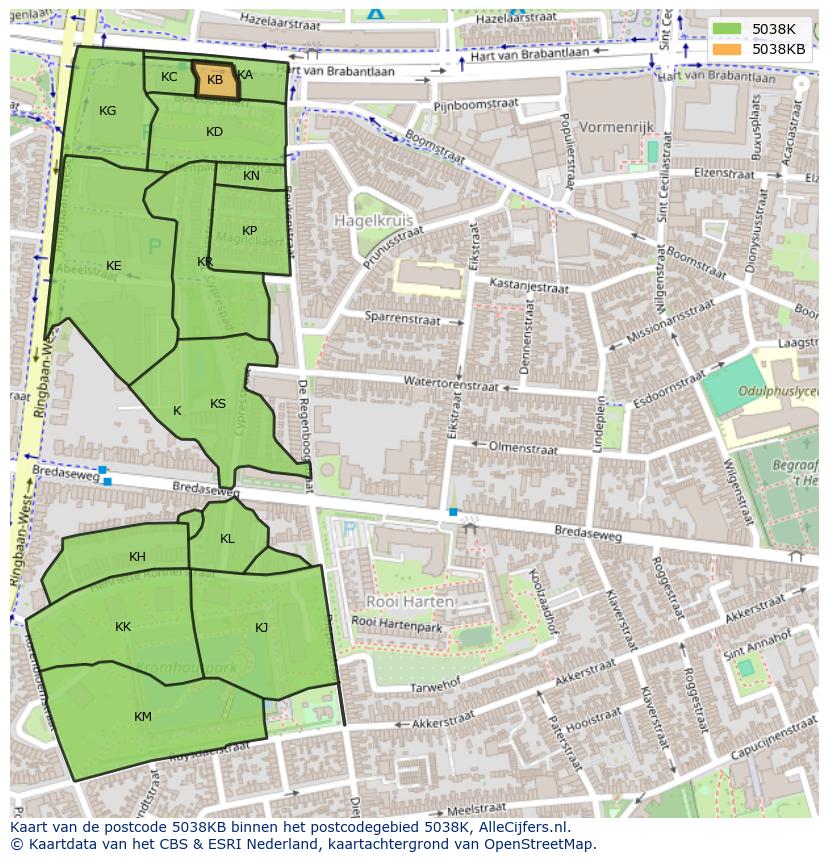 Afbeelding van het postcodegebied 5038 KB op de kaart.