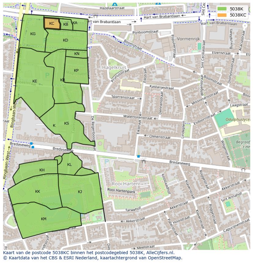 Afbeelding van het postcodegebied 5038 KC op de kaart.