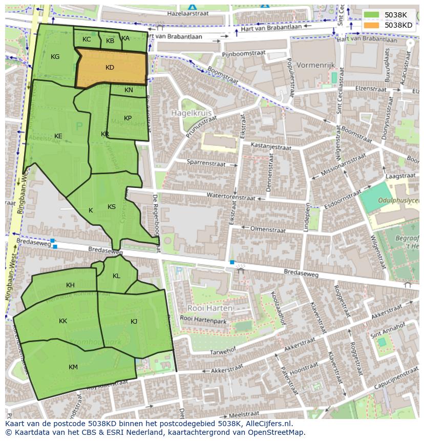 Afbeelding van het postcodegebied 5038 KD op de kaart.