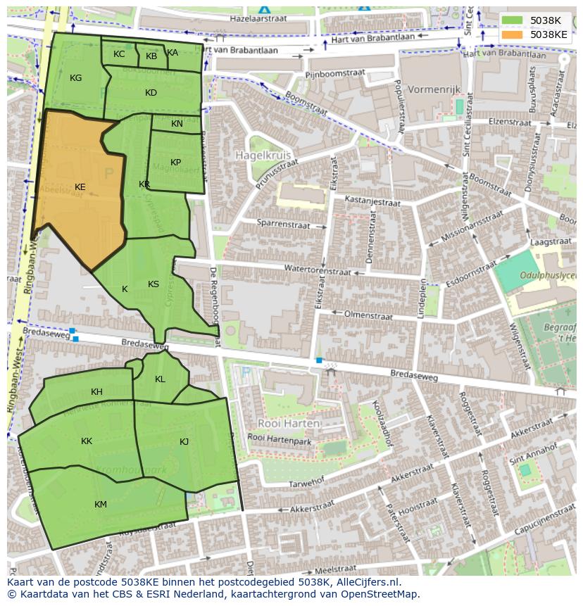 Afbeelding van het postcodegebied 5038 KE op de kaart.