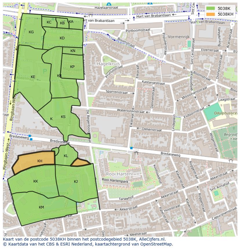 Afbeelding van het postcodegebied 5038 KH op de kaart.