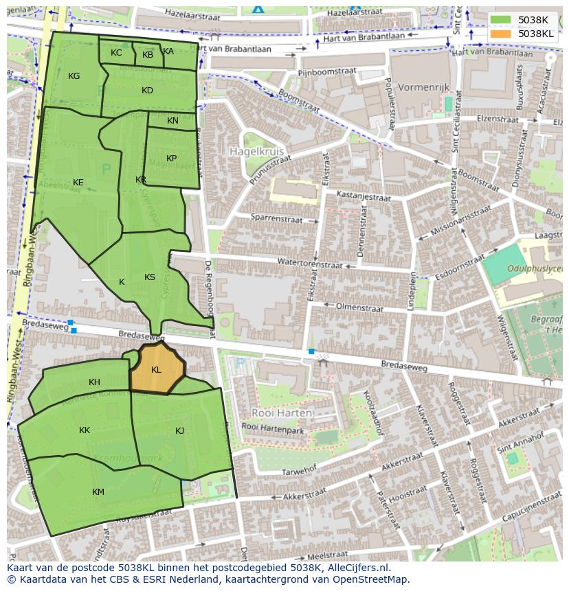 Afbeelding van het postcodegebied 5038 KL op de kaart.