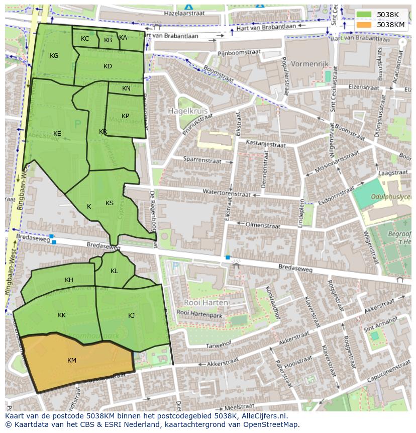 Afbeelding van het postcodegebied 5038 KM op de kaart.
