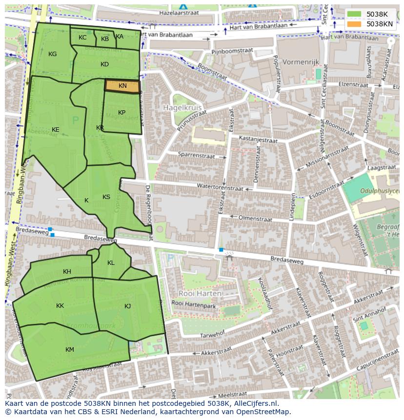 Afbeelding van het postcodegebied 5038 KN op de kaart.