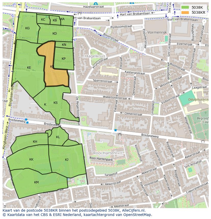 Afbeelding van het postcodegebied 5038 KR op de kaart.