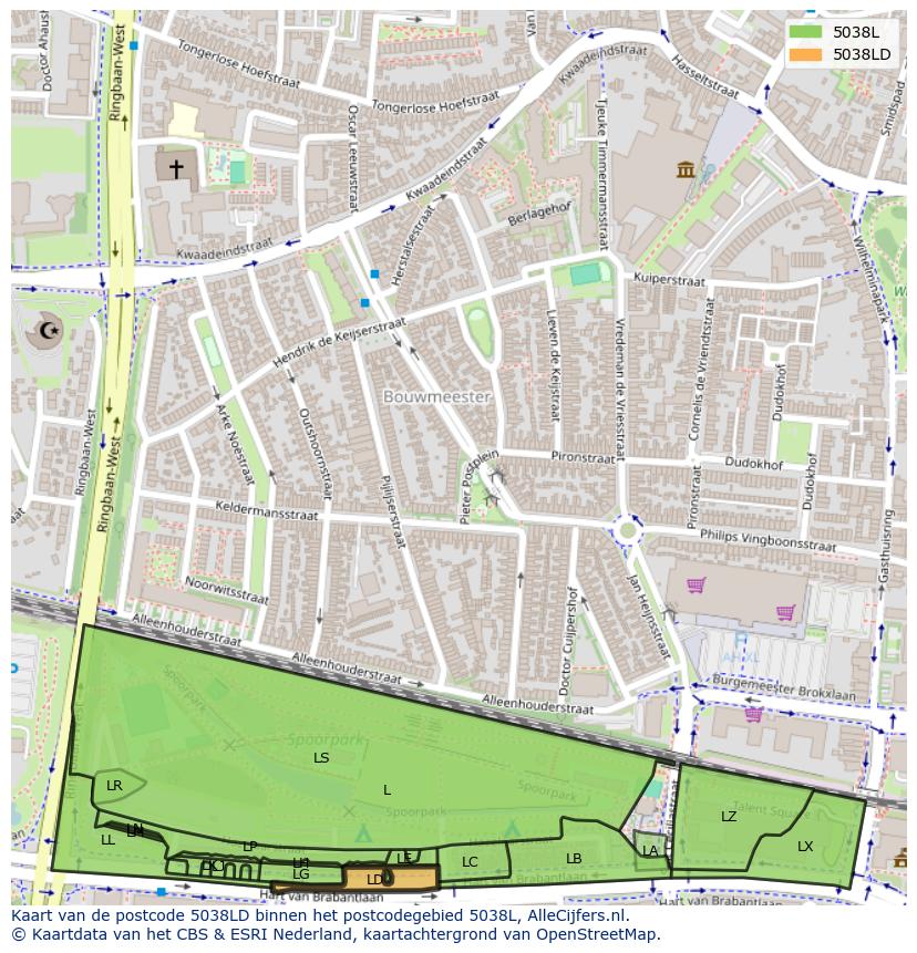 Afbeelding van het postcodegebied 5038 LD op de kaart.