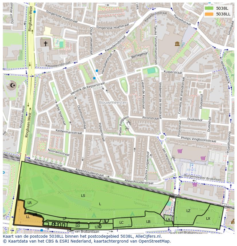 Afbeelding van het postcodegebied 5038 LL op de kaart.