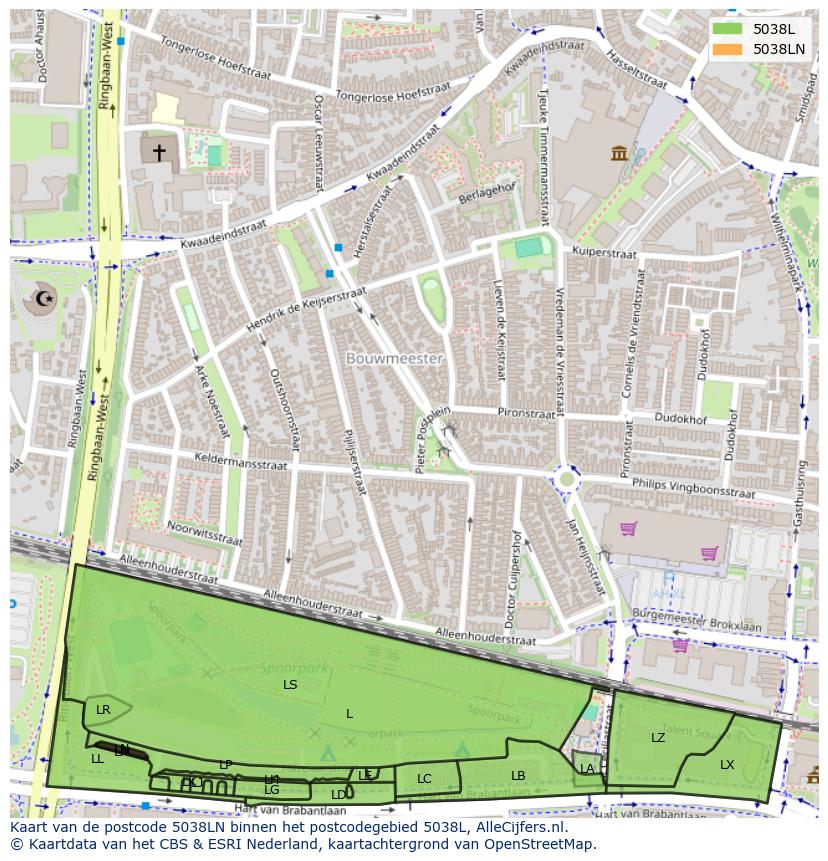 Afbeelding van het postcodegebied 5038 LN op de kaart.