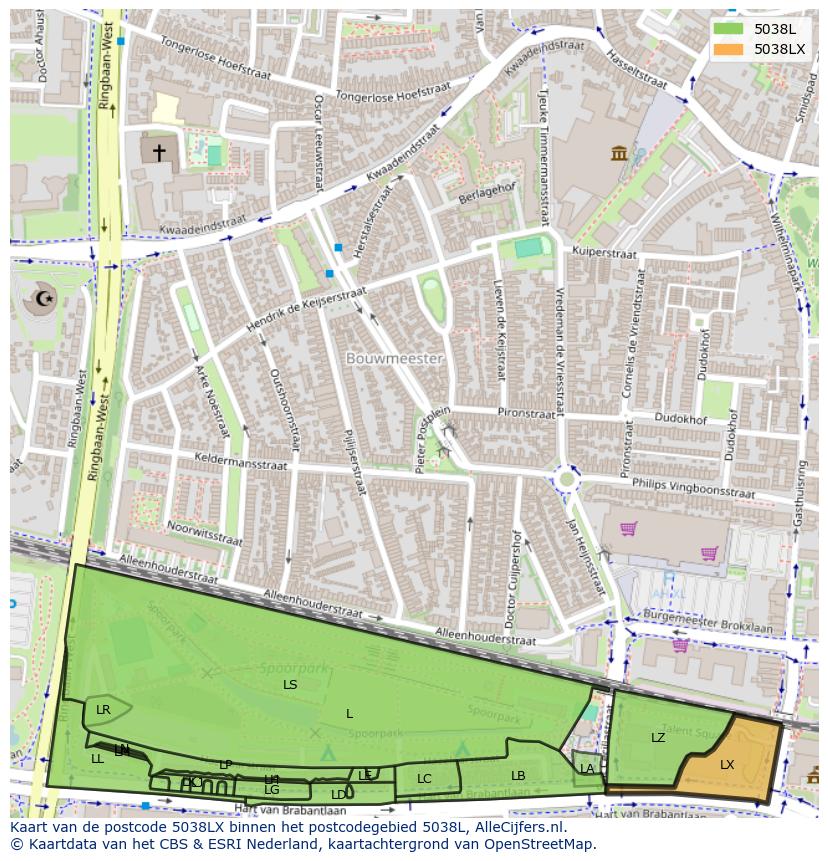 Afbeelding van het postcodegebied 5038 LX op de kaart.