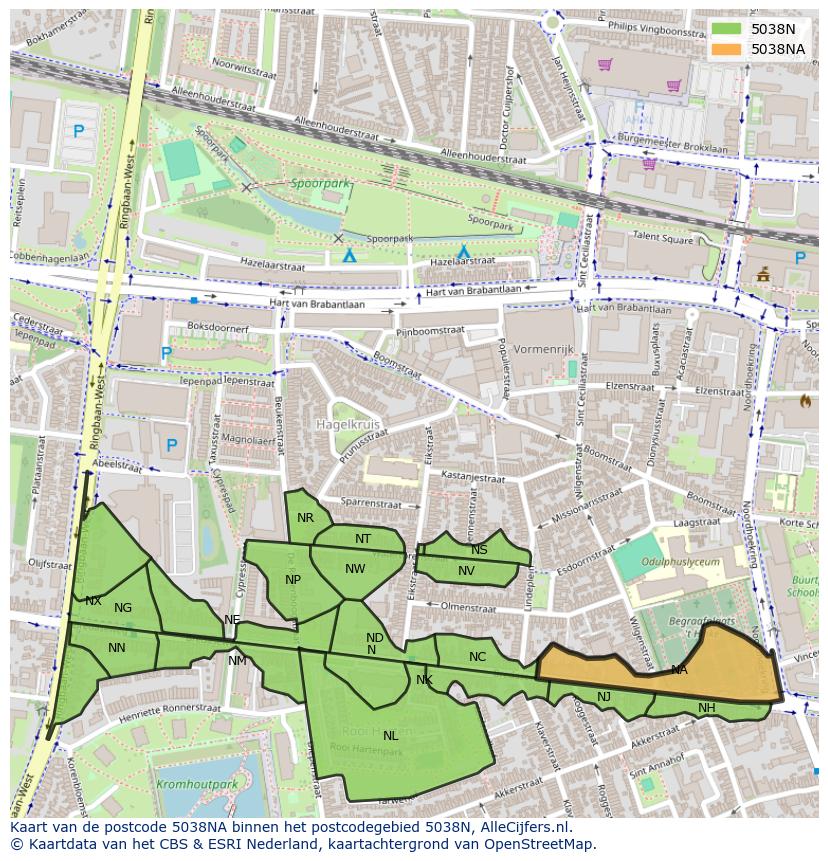 Afbeelding van het postcodegebied 5038 NA op de kaart.