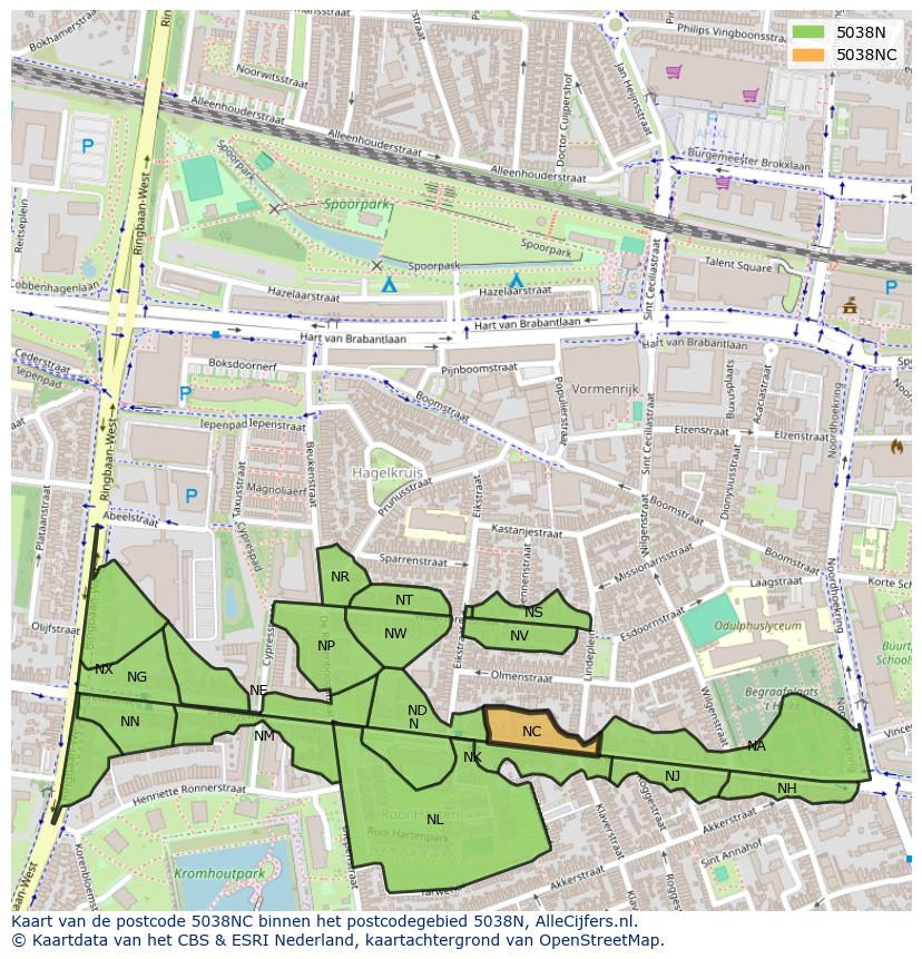 Afbeelding van het postcodegebied 5038 NC op de kaart.