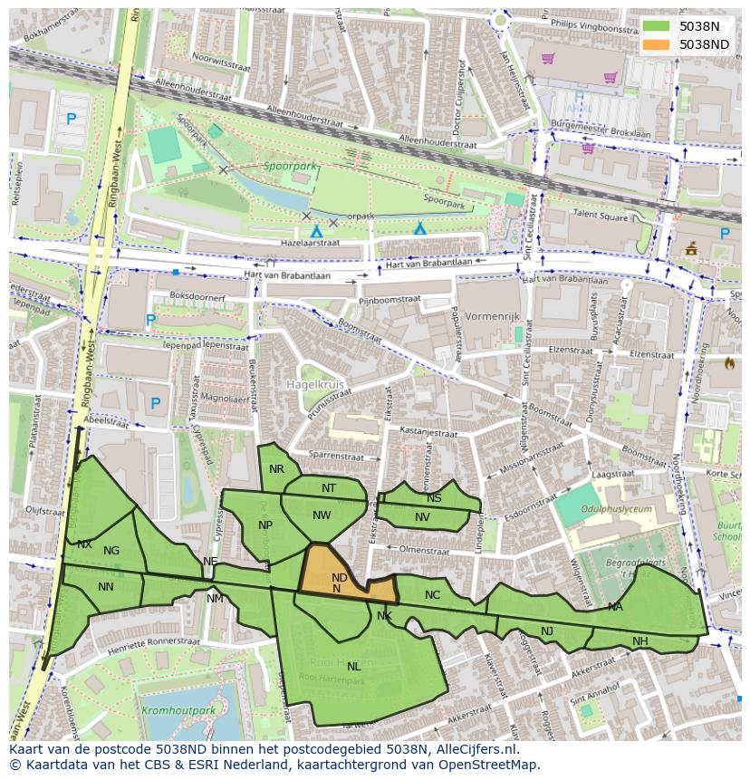 Afbeelding van het postcodegebied 5038 ND op de kaart.