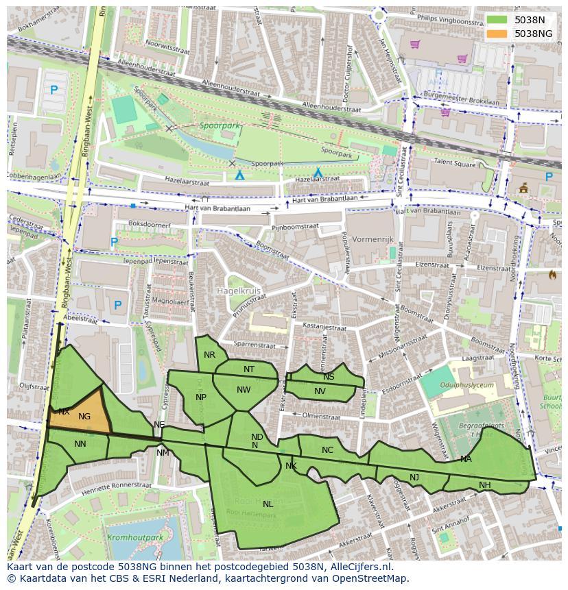 Afbeelding van het postcodegebied 5038 NG op de kaart.