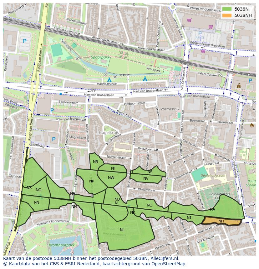 Afbeelding van het postcodegebied 5038 NH op de kaart.