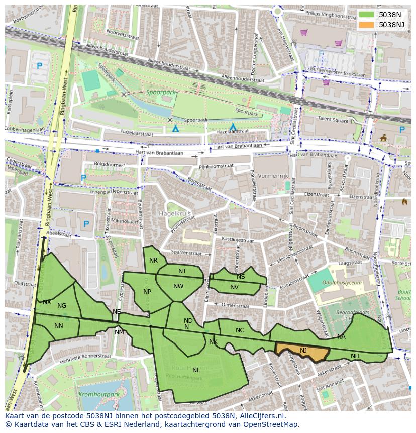 Afbeelding van het postcodegebied 5038 NJ op de kaart.