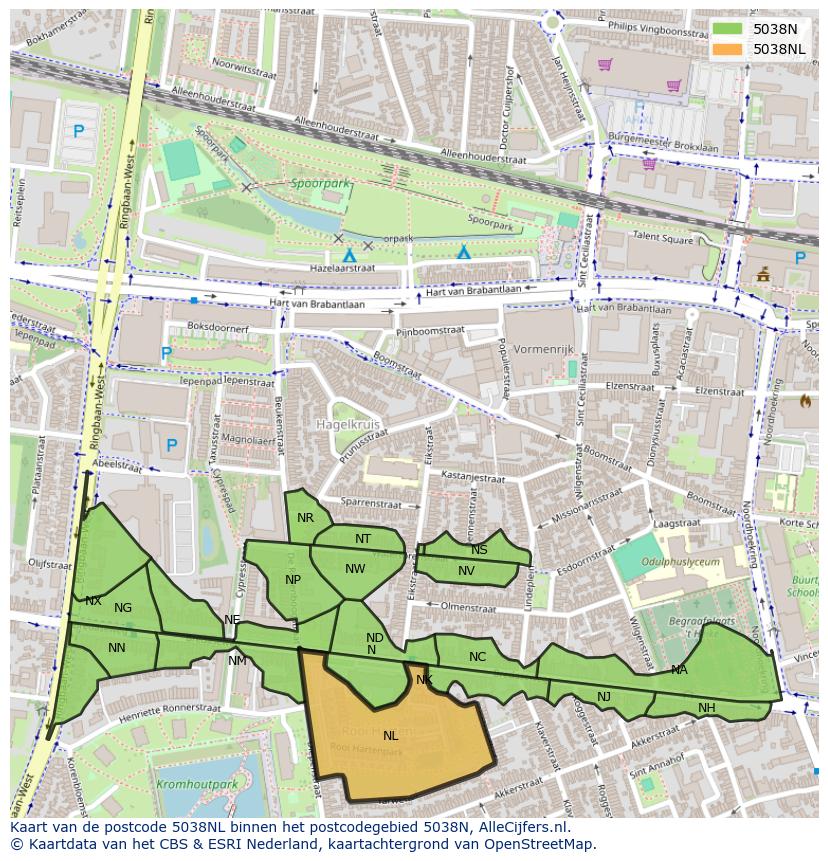 Afbeelding van het postcodegebied 5038 NL op de kaart.