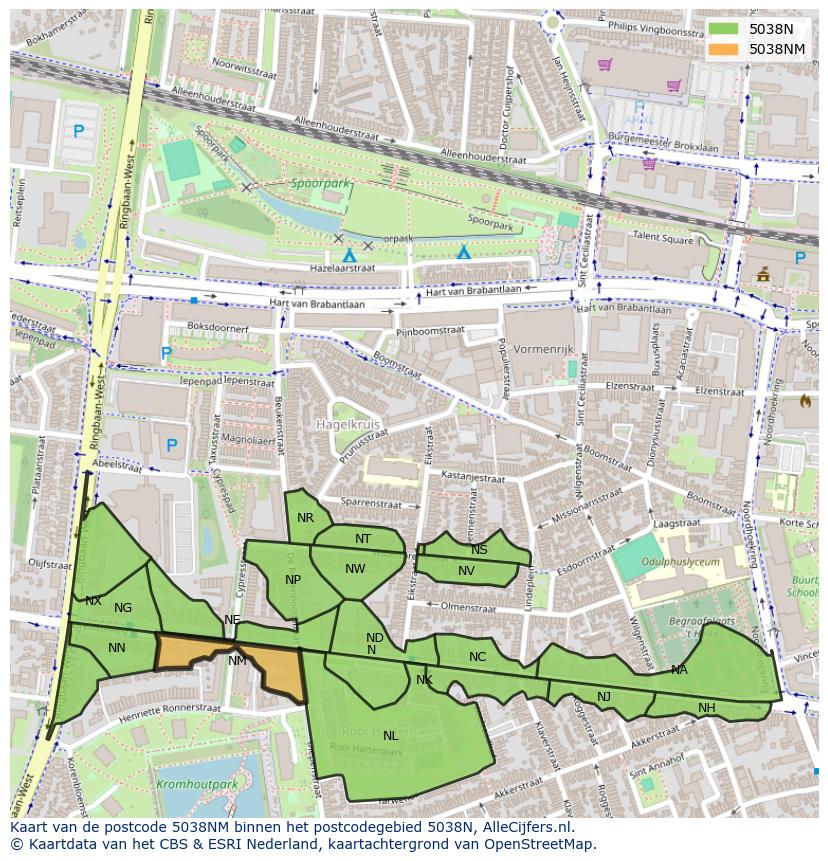 Afbeelding van het postcodegebied 5038 NM op de kaart.