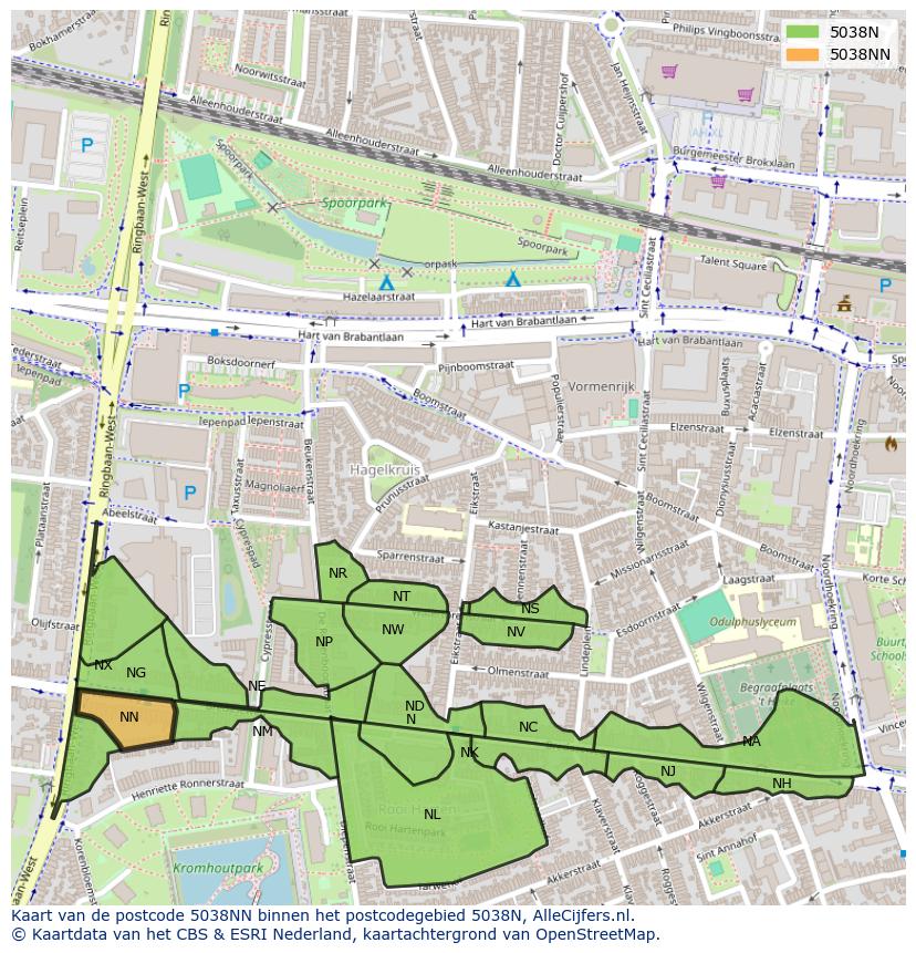 Afbeelding van het postcodegebied 5038 NN op de kaart.