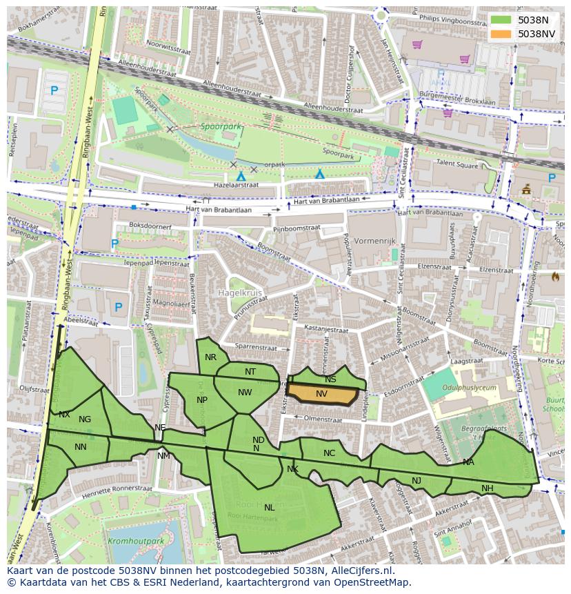 Afbeelding van het postcodegebied 5038 NV op de kaart.