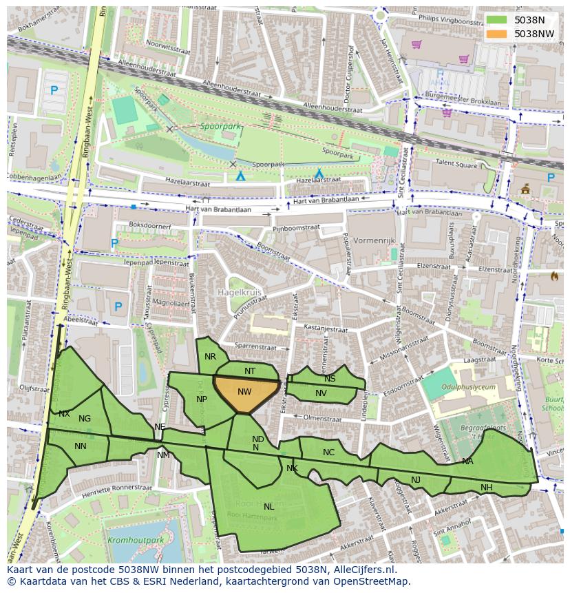 Afbeelding van het postcodegebied 5038 NW op de kaart.