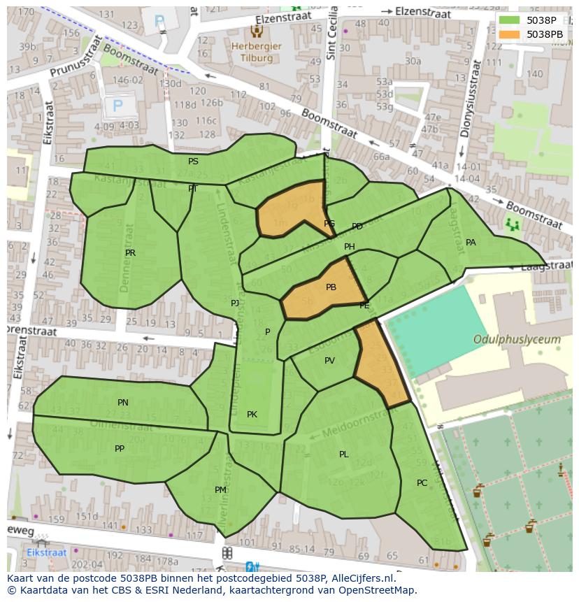 Afbeelding van het postcodegebied 5038 PB op de kaart.