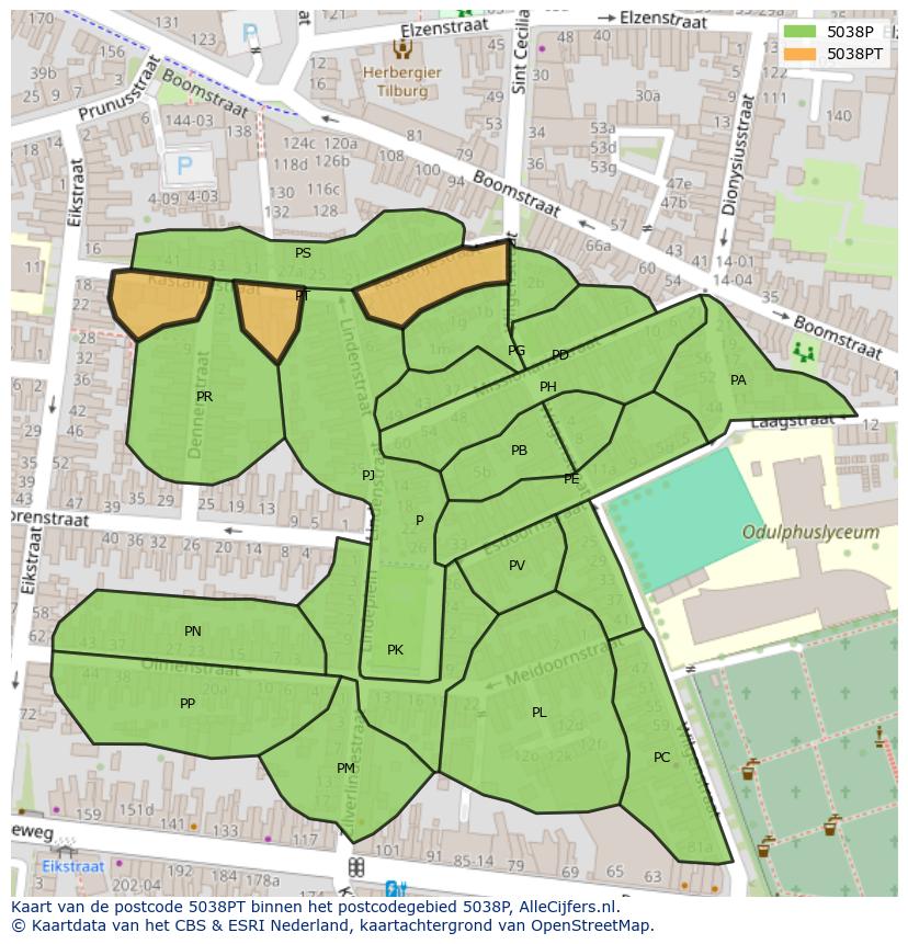 Afbeelding van het postcodegebied 5038 PT op de kaart.