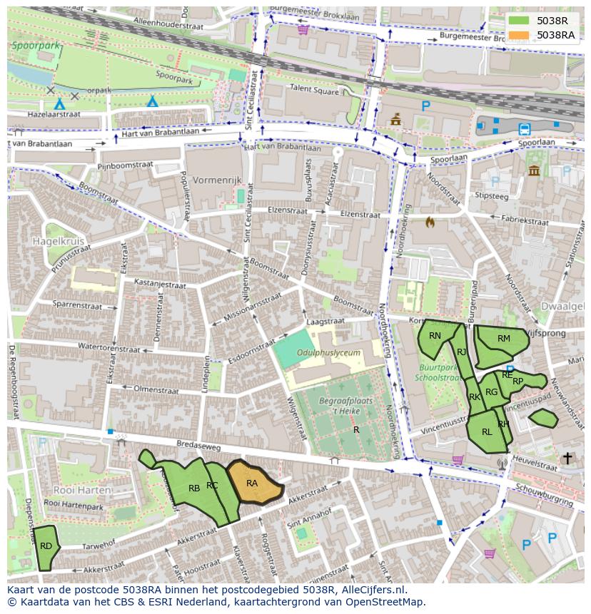 Afbeelding van het postcodegebied 5038 RA op de kaart.