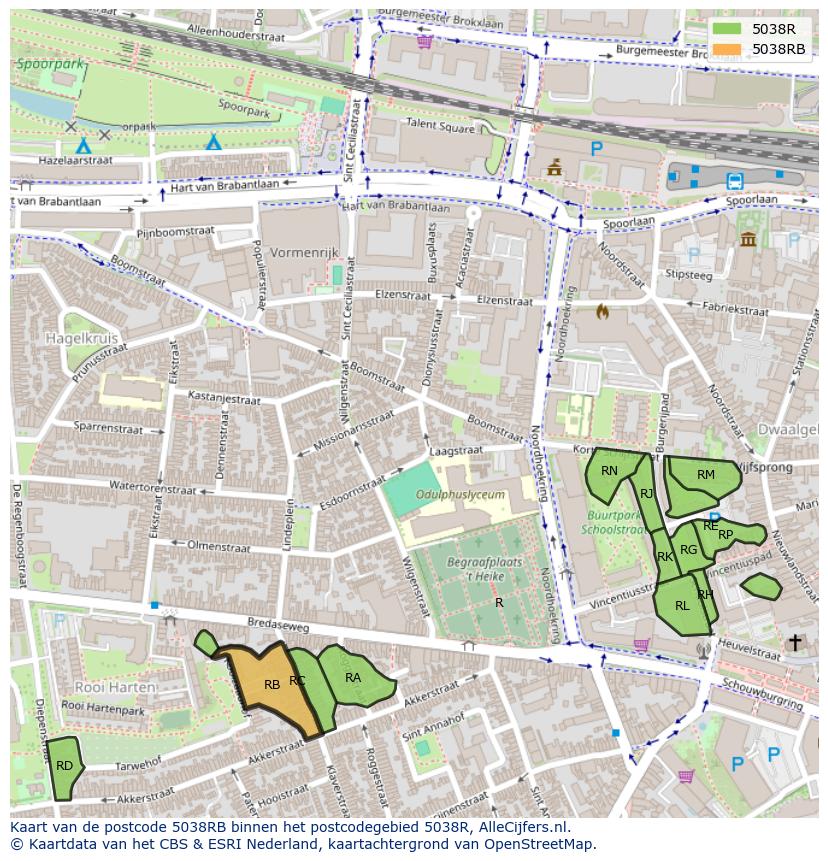 Afbeelding van het postcodegebied 5038 RB op de kaart.