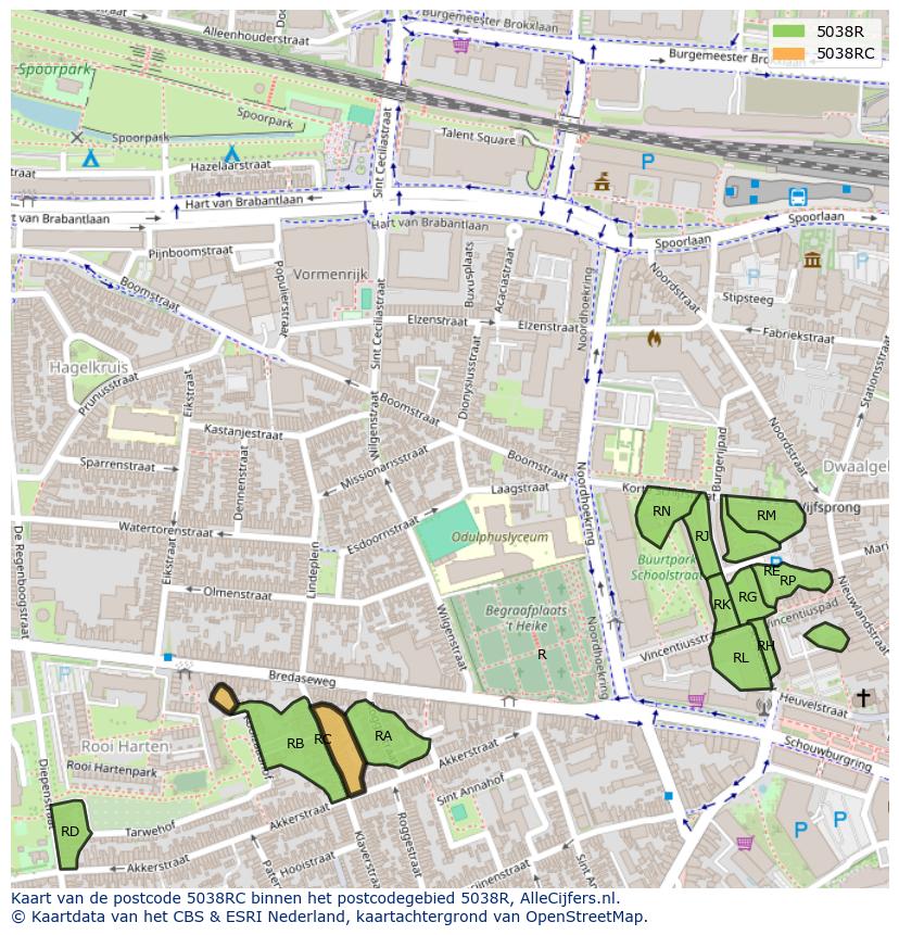 Afbeelding van het postcodegebied 5038 RC op de kaart.