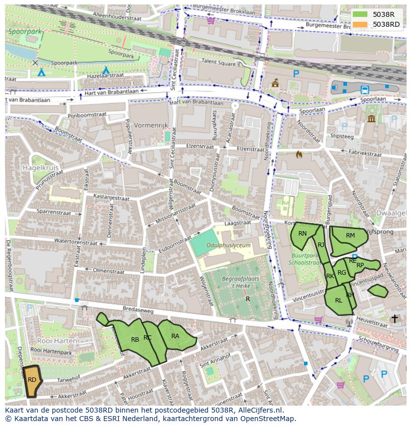 Afbeelding van het postcodegebied 5038 RD op de kaart.