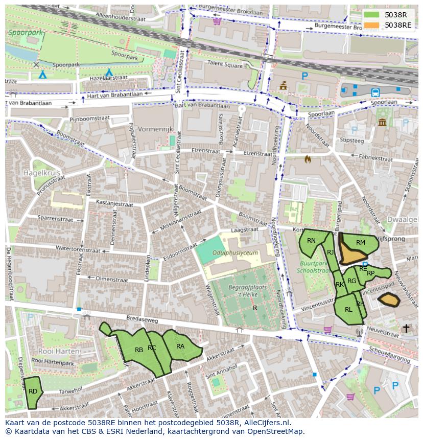Afbeelding van het postcodegebied 5038 RE op de kaart.