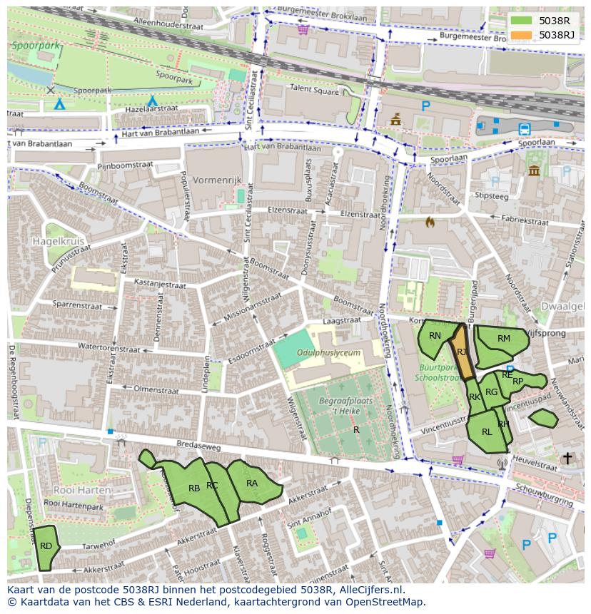 Afbeelding van het postcodegebied 5038 RJ op de kaart.