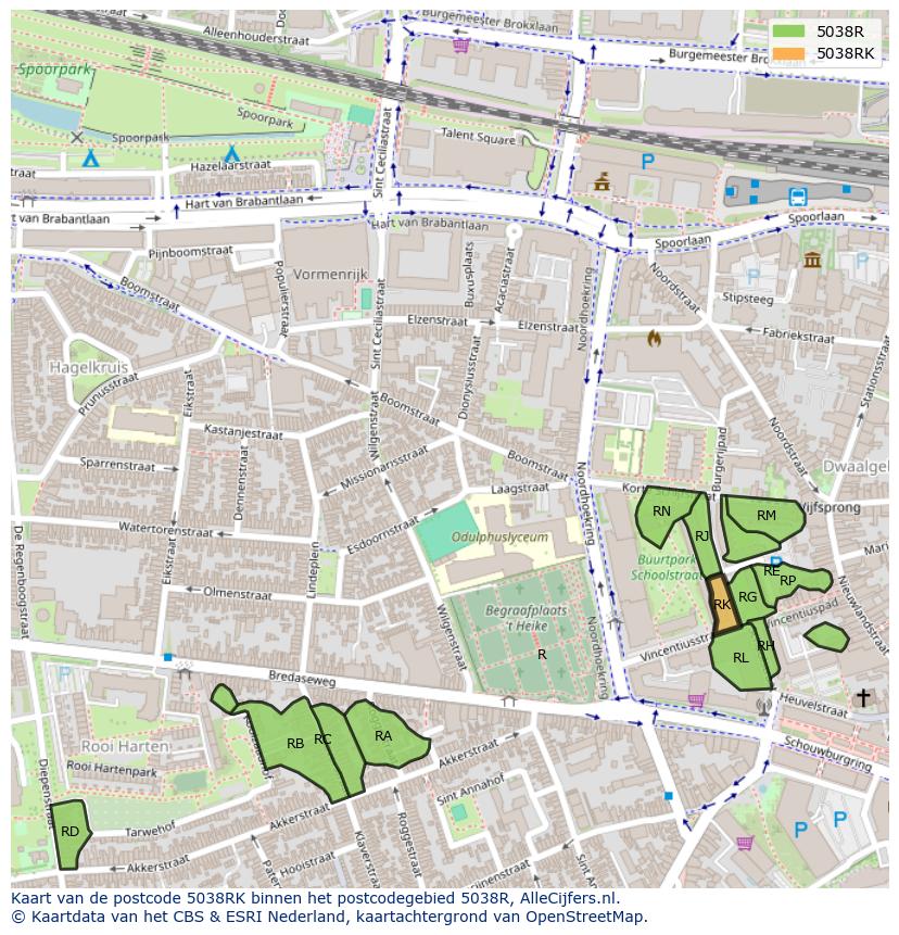 Afbeelding van het postcodegebied 5038 RK op de kaart.